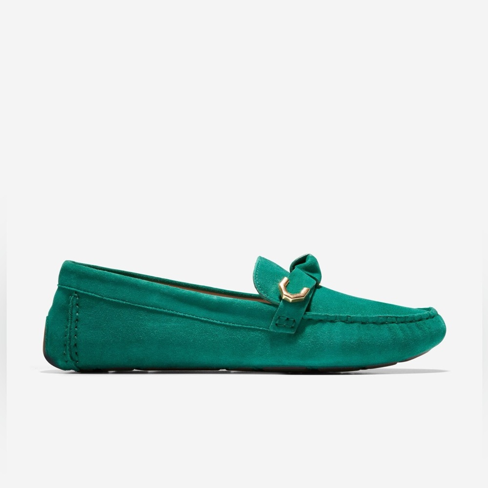 COLE HAAN Evelyn Bow Driver In Aventurine Suede, Emerald Green, Size 10